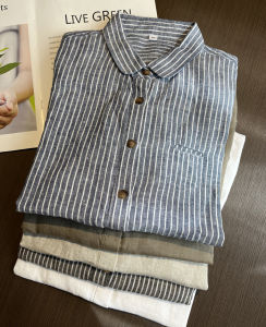 เสื้อเชิ้ตแขนยาวผ้าลินินสีน้ำเงินลายทางแนวตั้งสไตล์ญี่ปุ่นสำหรับผู้หญิง ทรงหลวม ทรงสลิมฟิต เสื้อตัวบนฤดูใบไม้ผลิ