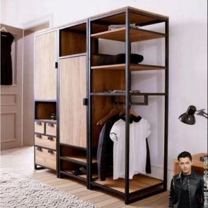 OUJUGEJIAJU | Industrial Style Wooden & Metal Wardrobe