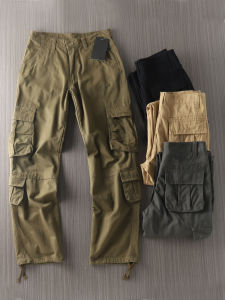 American Style Mens Cotton Work Trousers Spring Autumn Multi-Pocket Wide Leg Pants Cuffed Casual Long Straight Leg Trousers