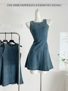 Váy Ngắn Thêu Denim Cạp Cao Cho Nữ Mùa Hè 2025 Váy Midi Không Tay Cổ Tròn Dáng Chữ a Màu Trơn Có Khóa Kéo Sau Lưng