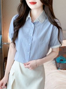 เสื้อเชิ้ตผู้หญิงแขนสั้นผ้าฝ้ายลายทางสีบล็อกแฟชั่นฤดูร้อนปี 2025 เสื้อเชิ้ตผู้หญิงทรงตรงคอโปโลแบบเรียบง่ายที่สวมใส่ได้หลากหลาย