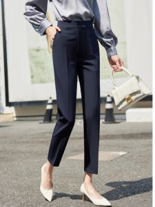 High Waist Straight Leg Nine-Tenths Suit Pants for Women Commute Work OL Style Zipper Casual Pants Polyester Fiber