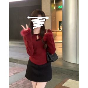 Fashionable Womens Long Sleeve Knitted Top Butterfly Knot Hollow out Splicing Muffin Spring Autumn New Style Korean Version