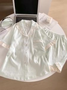 Large Size Solid Color Cloud Cotton Gauze Pajamas for Women Summer Thin Short Sleeved Pyjamas Set Female Girls Ins Style High-end Lace Home Clothes
