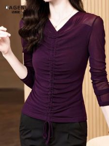 Womens V-neck Drawstring Mesh Base Shirt Long Sleeve T-shirt Spring Slimming Fashionable Versatile Top Pure Color Polyester Fiber
