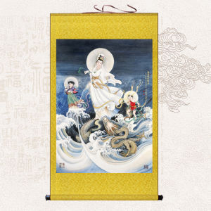 New Chinese Style Dragon Riding Avalokiteshvara Hanging Painting Temple Home Decor Water Drip from Dragon Head No Frame