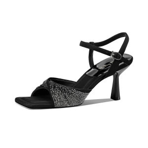 JESSICA SOPHIA | Kitten Heel Slip Strap Rhinestone Square Toe Women Sandals