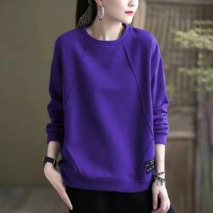 Autumn and Winter Pure Cotton round Neck Sweatshirt Womens Plus Size Loose Slimming Long Sleeves All Cotton Fashion Literary Flower Printing Casual Easiest for Match