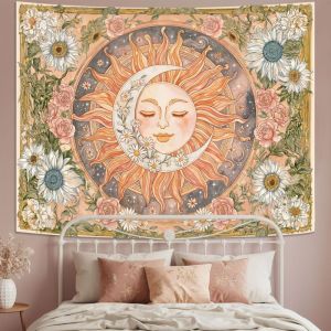 VIKAMA Sun Moon Floral Mushroom Tapestry Wall Hanging for Living Room Bedroom Yoga Meditation Room Wall Art Mystic Boho Decor