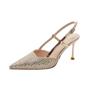 Fashion Rhinestone Belt Buckle Closed Toe High Heels Womens Stiletto Heel 2024 New Arrival Summer Dress Flats Slingback Sandals