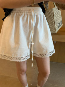 Lace Trim Linen Shorts Womens Summer Thin Loose Wide Leg Pants Home Casual Sports Shorts High Waist Straight Leg Elastic Waist
