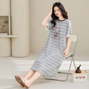 MiiOW | Pure Cotton Summer Thin Breathable Short Sleeve Midi Dress Cat Person Womens Nightgown Sweet Home Clothes Youth Summer Sleepwear