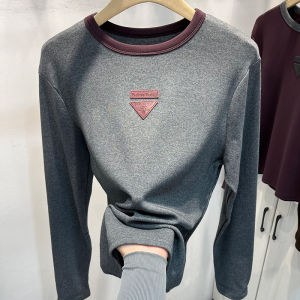 Stylish Letter Labeling Color-Block Crew Neck Long Sleeves T-shirt Female 2024 Autumn New Arrival Western Style Inner Wear Bottoming Shirt Tops