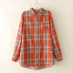 Double-Layer Cotton Yarn Shirt Womens Pocket Casual Large Size Long-Sleeved Shirt Loose Artistic Plaid Autumn New Single-Wear Top