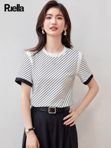 puella | Elegant Black and White Striped Round Neck Short Sleeve T Shirt