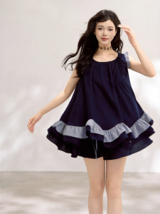 KEIKO | Girly Dark Blue Ruffled Sleeveless Lyocell Shirt
