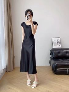 Acetic Satin Dress for Women Slim Elegant Satin Long Dress