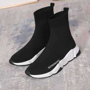 Belle Manqi New Womens Sock Boots Knitted High Top Casual Leather Flat Heel Spring Autumn round Toe Rubber Outsole