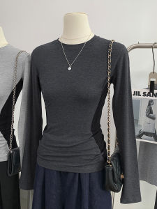 Slim Fit Color Block Design Long Sleeve T-Shirt Womens Base Shirt Hot Girl Virgin System Winter Commute Style round Neck Top