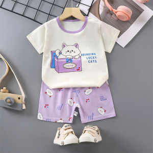 ชุดเสื้อยืดแขนสั้นกางเกงขาสั้นผ้าฝ้ายแท้ลายแมวสีขาวสำหรับเด็กชายและเด็กหญิงในช่วงฤดูร้อน ชุดเด็กผ้าฝ้ายบาง ชุดเด็กผ้าฝ้ายแท้
