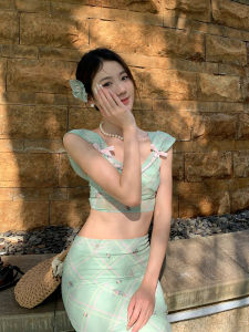 หวาน ลายดอก Gardenia เซ็กซี่ สั้น เสื้อครอป เสื้อกั๊ก ผู้หญิง ชุดพร้อม ลายสก็อต Mini กระโปรง Commuter Style High เอว กระโปรงทรงเอ