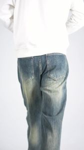 Quần Jean Nam Cotton Dáng Rộng Cạp Cao Phong Cách Retro Hàn Quốc Quần Denim Xước Quần Thường Ngày