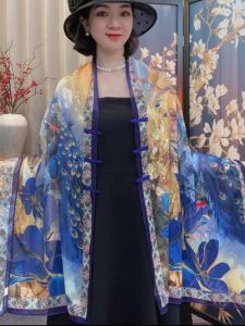 Summer 2025 New Style Floral Cutout Shawl Womens Fashionable Travel Photography Silk Scarf National Style Button Design Sunscreen