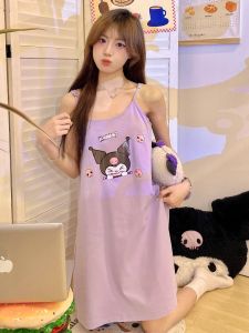ชุดนอนผู้หญิงคอวีแขนกุดผ้าฝ้ายแท้ลายการ์ตูนฤดูร้อน ชุดนอนผู้หญิงแบบบาง ชุดนอนผู้หญิงแบบมีแผ่นเสริมหน้าอก ชุดนอนผู้หญิงสไตล์นักเรียน