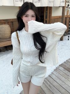 GUZILIAN | Korean-Style Round Neck Cable Sweater Winter Fashion Retro Casual Knit Top and Shorts Set