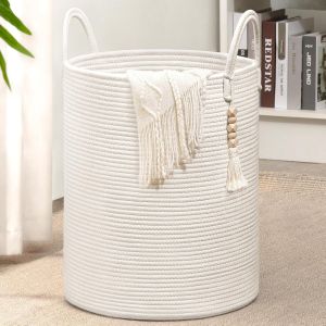 Large Storage Basket Tall Woven Decorative Laundry Hamper With Handles Foldable Cotton Rope for Clothes Kids Toys Living Room