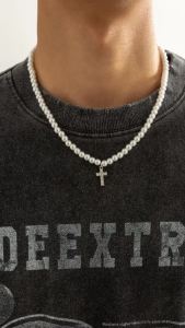 Pearl Beads Chain with Shiny Rhinestone Cross Pendants Necklace Men Trendy White Beaded Choker on Neck 2022 Fashion Jewelry Male