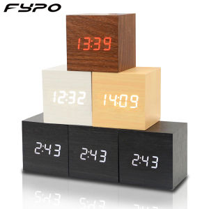 Fypo Digital Alarm Clock Wooden Alarm Clock USB/Battery Powered Mini Cube LED Digital Clock with Time/ Date/ Temperature Display