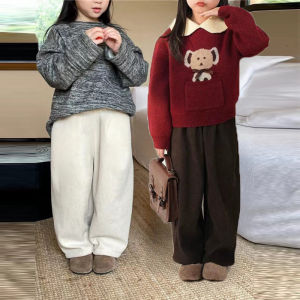 Trẻ Em Vải Nhung Kẻ Chân Thẳng Quần Thoải Mái Rộng Rãi Ấm Áp Mùa Thu Mùa Đông Dài Quần Tây Dành Cho Bé Gái Bé Trai Cao Cấp Vòng Eo Co Giãn Vòng Eo Ban Nhạc