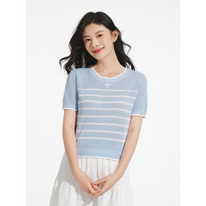 Hotwind | Striped Crew Neck Bow Embroidery Knit Top