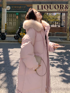 Pink Long Thickened Winter down Jacket Womens Knee-Length Coat with Fur Collar Commuter Style Korean Version Straight Cut