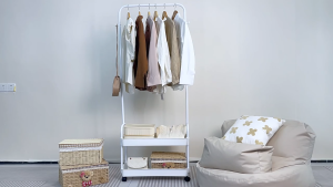 Clothes Hanging Rack with Wheels | Movable Hanging Rack with Double Layers Storage Baskets | Wardrobe Organizer
