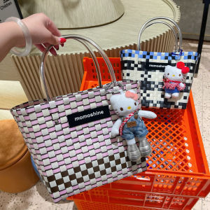 Momo Handcrafted Large Capacity DIY Beach Bag Festival Gift Bag Tote Bag Korean Style Grid Pattern PVC+PU Youth Casual Handbag