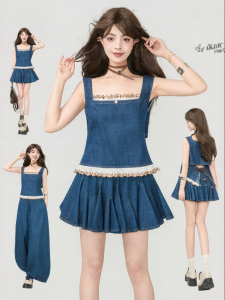 KEIKO | Sweet & Cool Style Denim Tank Top + Wide Leg Pants Set