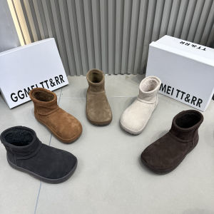 Platform Snow Boots Womens 2024 Winter New British Style Warm Velvet Padded Thickened Short Boots round Head Net Red Cotton Boots