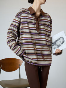 Brown Striped Retro Design Sense Loose Feel Sweatshirt