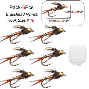 6Pcs Brass Copper Bead Head Fast Sinking Nymph Scud Bug Worm Flies Trout/Bass Fly Fishing Lure Bait