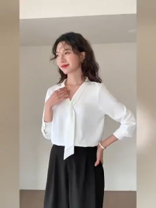 Korean version V Neck white top womens long sleeved shirt Work Blouse