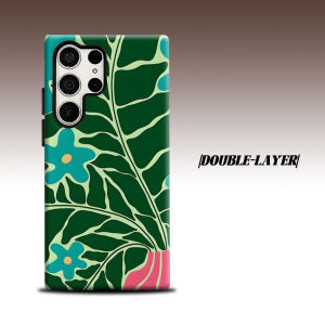 Retro Green Floral Print For Samsung Galaxy S26 S25 S24 A56 A36 Dual Layer Luxury Fashion Full Lens Protective Case