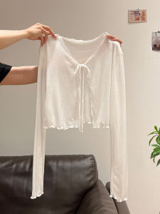 French Elegant White Thin Wooden Edge Long Sleeve Transparent Cover up Cardigan Women Summer with Halter Top Knitted Sweater