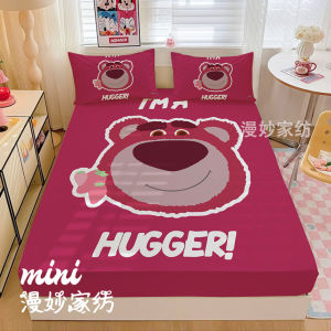 Cartoon Strawberry Bear Print Bed Canopy Single Piece Bed Cover Mattress Protector Anti-slip Fixed Durable Polyester Fiber