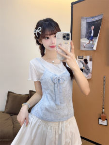 เสื้อยืดแขนสั้นผู้หญิงสไตล์หวาน คอกลม ขอบกระดิ่ง ทรงเข้ารูป ผ้าผสมคอตตอน ลูกไม้ลายผีเสื้อ 3 มิติ