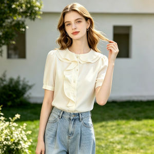 puella | Áo Blouse Giảm Cân Mới Mùa Hè Vải Lụa Pháp Có Sọc