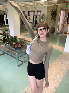 Chen Mi Fan Short Knitted Top Womens High Waist Slim Long Sleeve Base Shirt T-shirt Commute Style Regular Fit Chinese Production