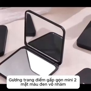 Gương trang điểm gấp gọn mini 2 mặt màu đen vỏ nhám 7 x 6.5cm -LUMBL