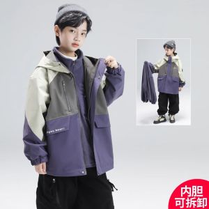 Boys Three-in-One Detachable Jacket Autumn Winter Clothes Childrens Outerwear Casual Cotton Print Windproof Coat for Kids